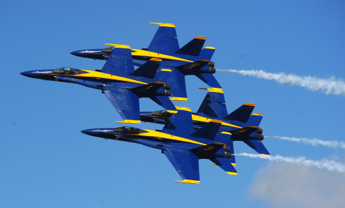 OFFUTT AIR FORCE BASE Neb.– The U.S. Navy’s Blue Angels, an F-18 demonstration team, perform breathtaking stunts in their famous diamond formation on Aug. 29, 2008. (U.S. Air Force Photo by Josh Plueger)
